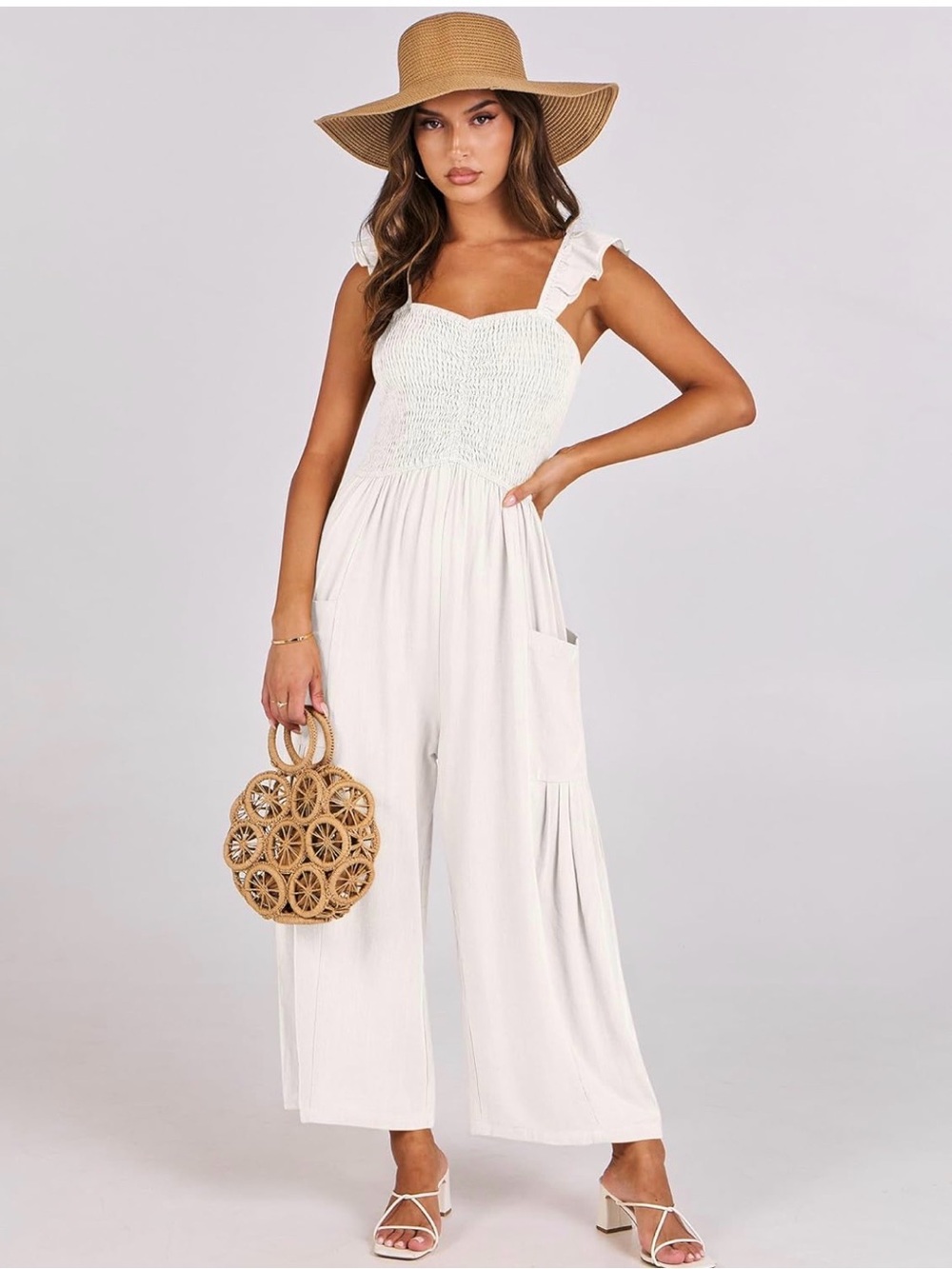 Smocked Square Neck Wide-Leg Jumpsuit in Off-White